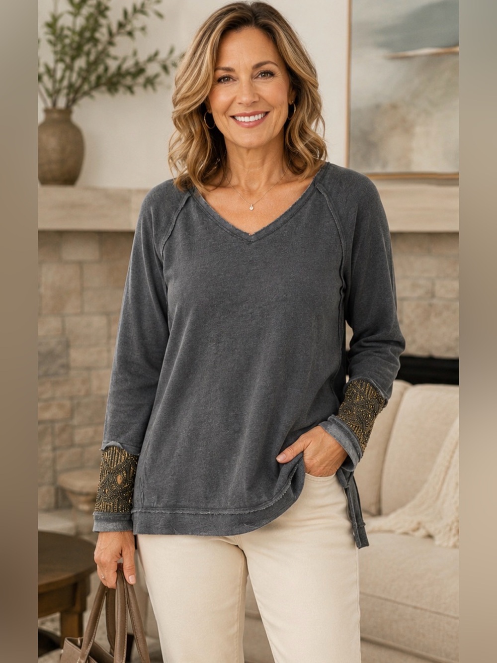 Soft Surroundings Charcoal Gray V-Neck Pullover with Embellished Sleeve Panels